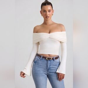 Oh Polly Modal-Cashmere Blend Off-Shoulder Ruched Top in Ivory XXS